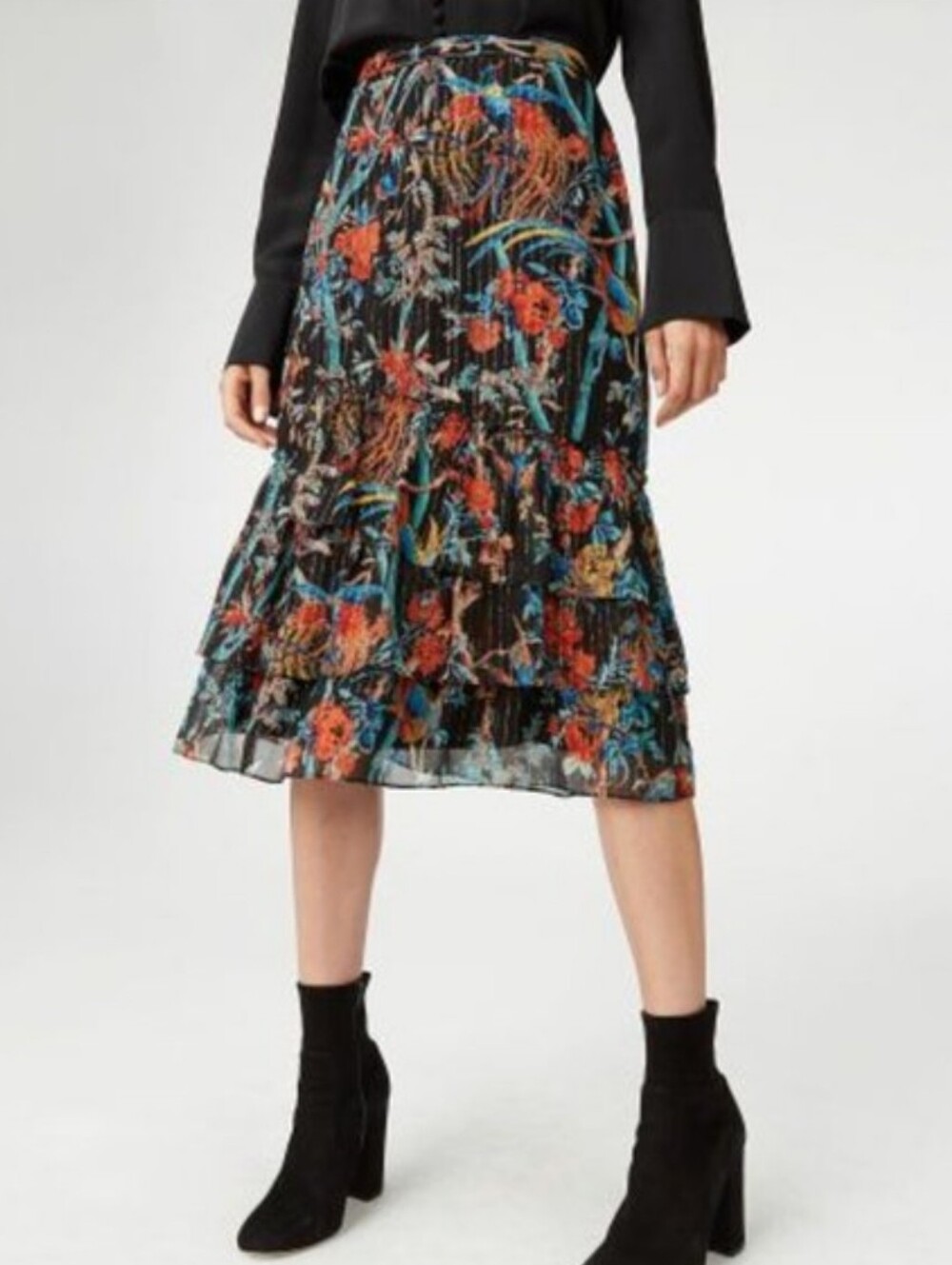 Club Monaco Silk Black Floral Tiered Midi Skirt with Metallic Accents